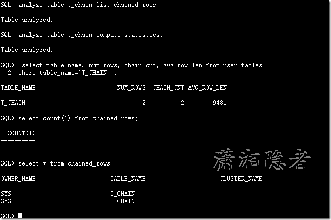 Oracle行内链接不会引起USER_TABLE中CHAIN_CNT值变化