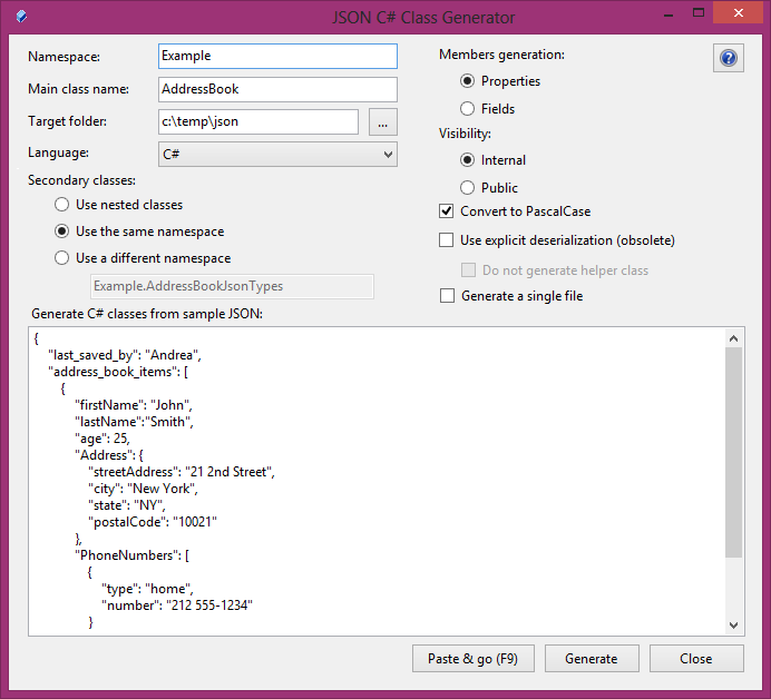 .NET平台开源项目速览(18)C#平台JSON实体类生成器JSON C# Class Generator