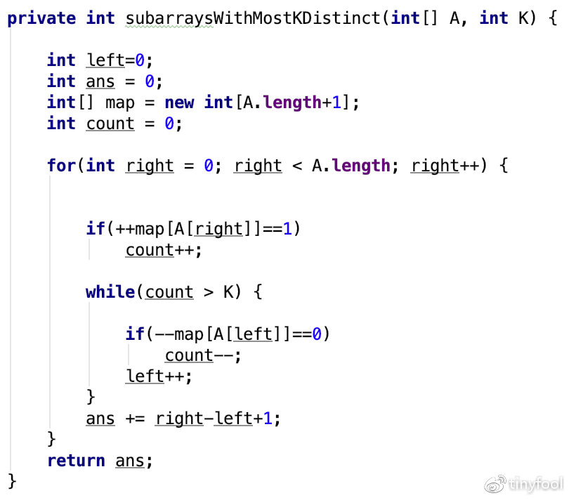 LeetCode 第993题 Subarrays with K Different Integers【滑动窗口】（Java）