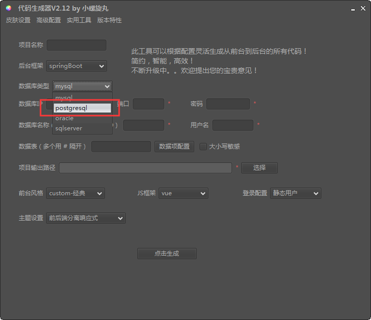 Java代码生成器加入postgresql数据库、HikariCP连接池、swagger2支持！